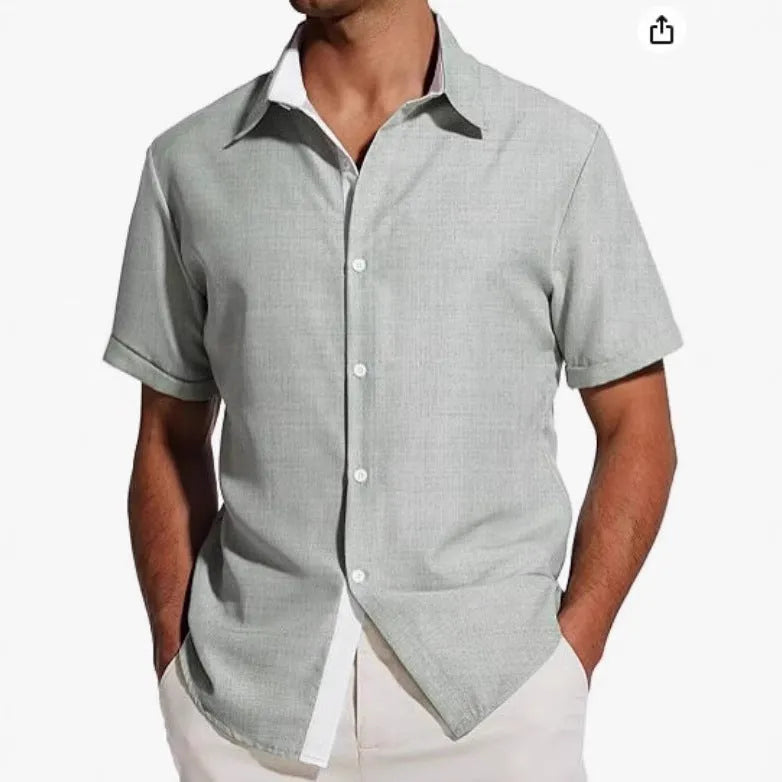 Men's grey floral print short-sleeved casual shirt laid flat, showing regular fit and lightweight polyester fabric.