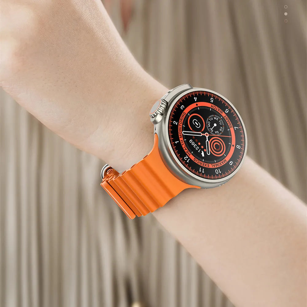 K9 smart watch with 1.39 inch round screen, zinc alloy case, silicone strap, and wireless charging