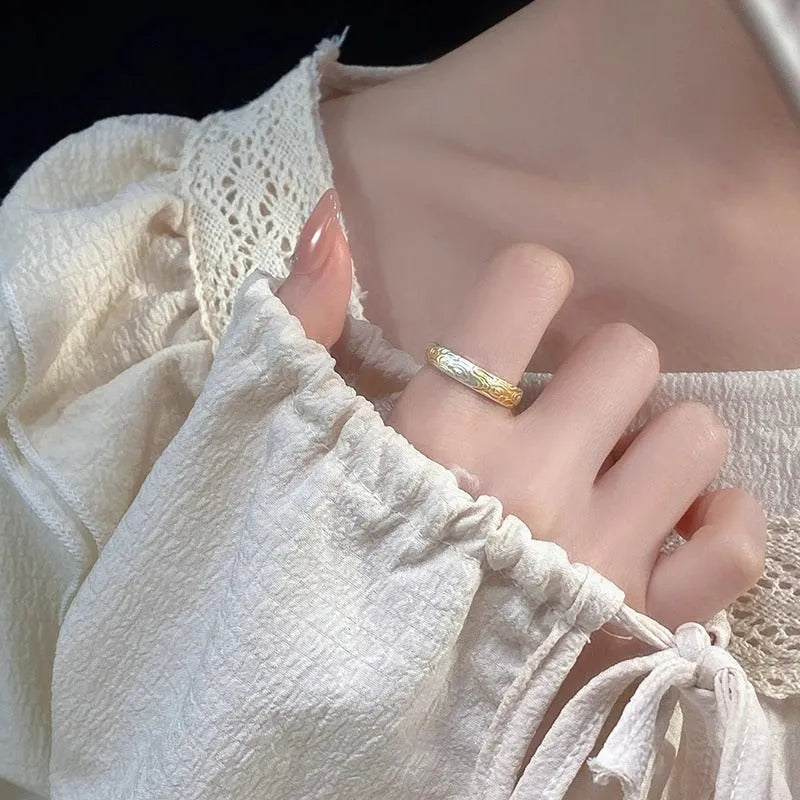 Gold electroplated white copper open ring with Xiangyun geometric pattern