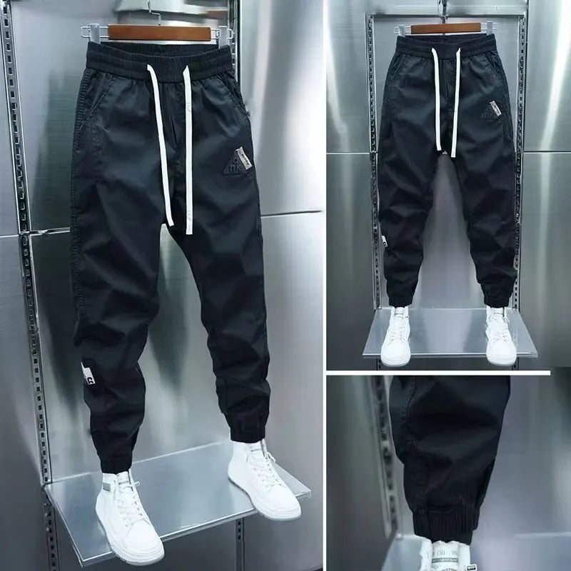 Men's ice silk leisure summer thin overalls, cropped ankle banded pants, black or gray, M-XXXL