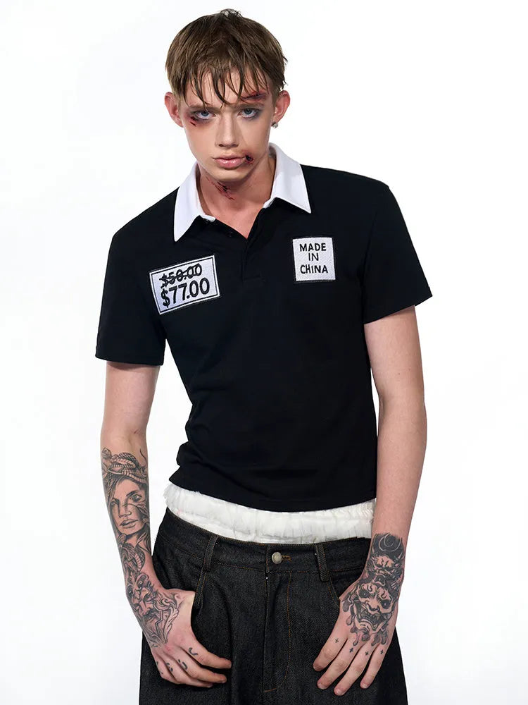Men's slim fit short sleeve polo shirt with embroidery hat detail, black, summer casual top, sizes M L XL.