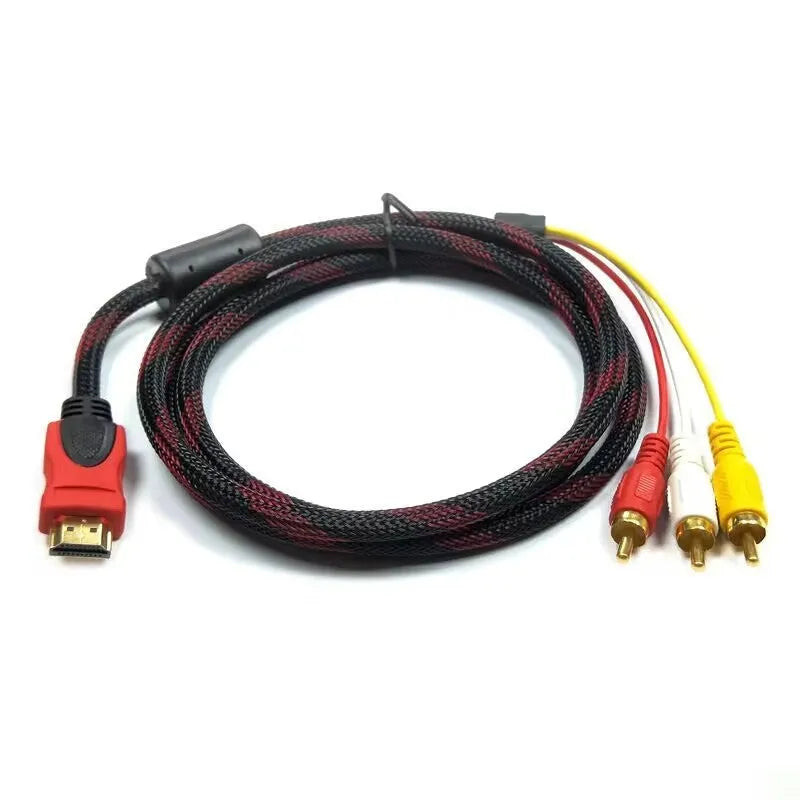 HDMI to AV15 M conversion cable showing HDMI plug and three-phono AV plug on a 1.5m cable