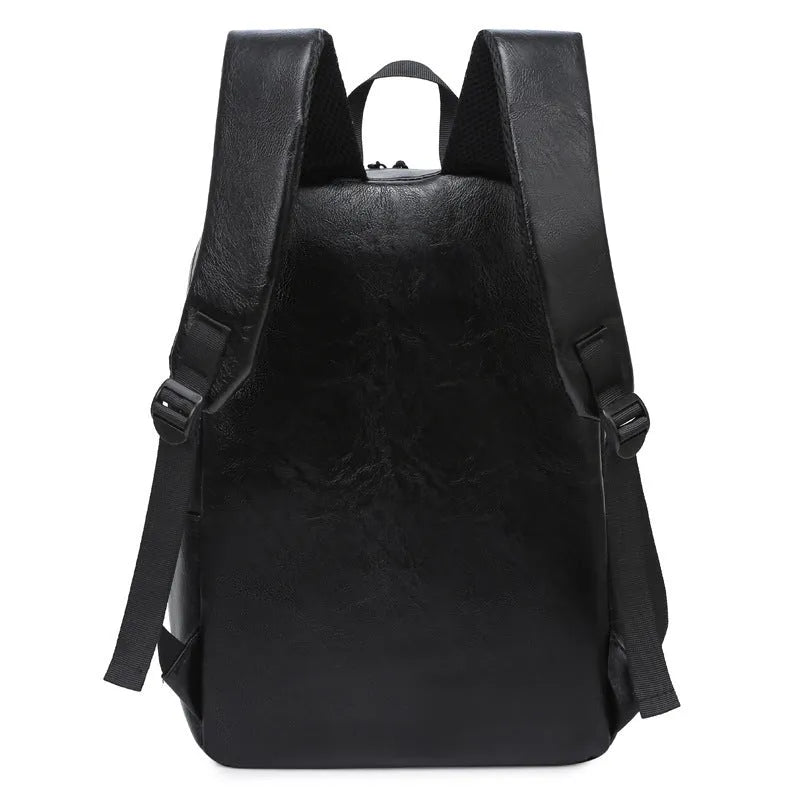 Black men's casual backpack with PU outer and polyester lining, waterproof, under 20L capacity