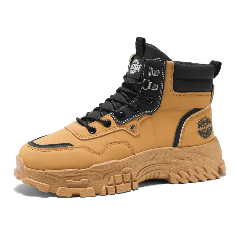 Men's black and yellow mid-calf Martin boots with a stout heel on a white background.