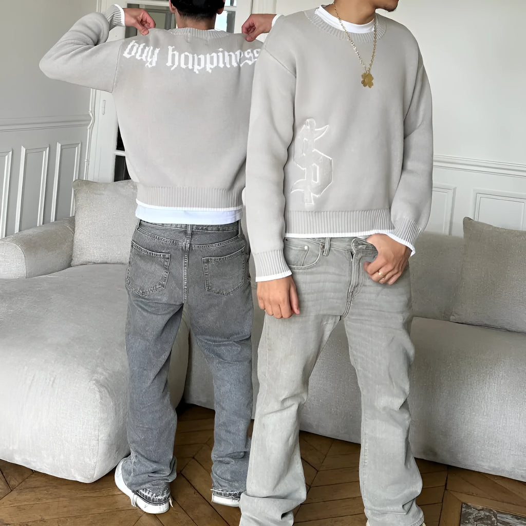 Grey loose-fitting jacquard knitwear coat with long sleeves