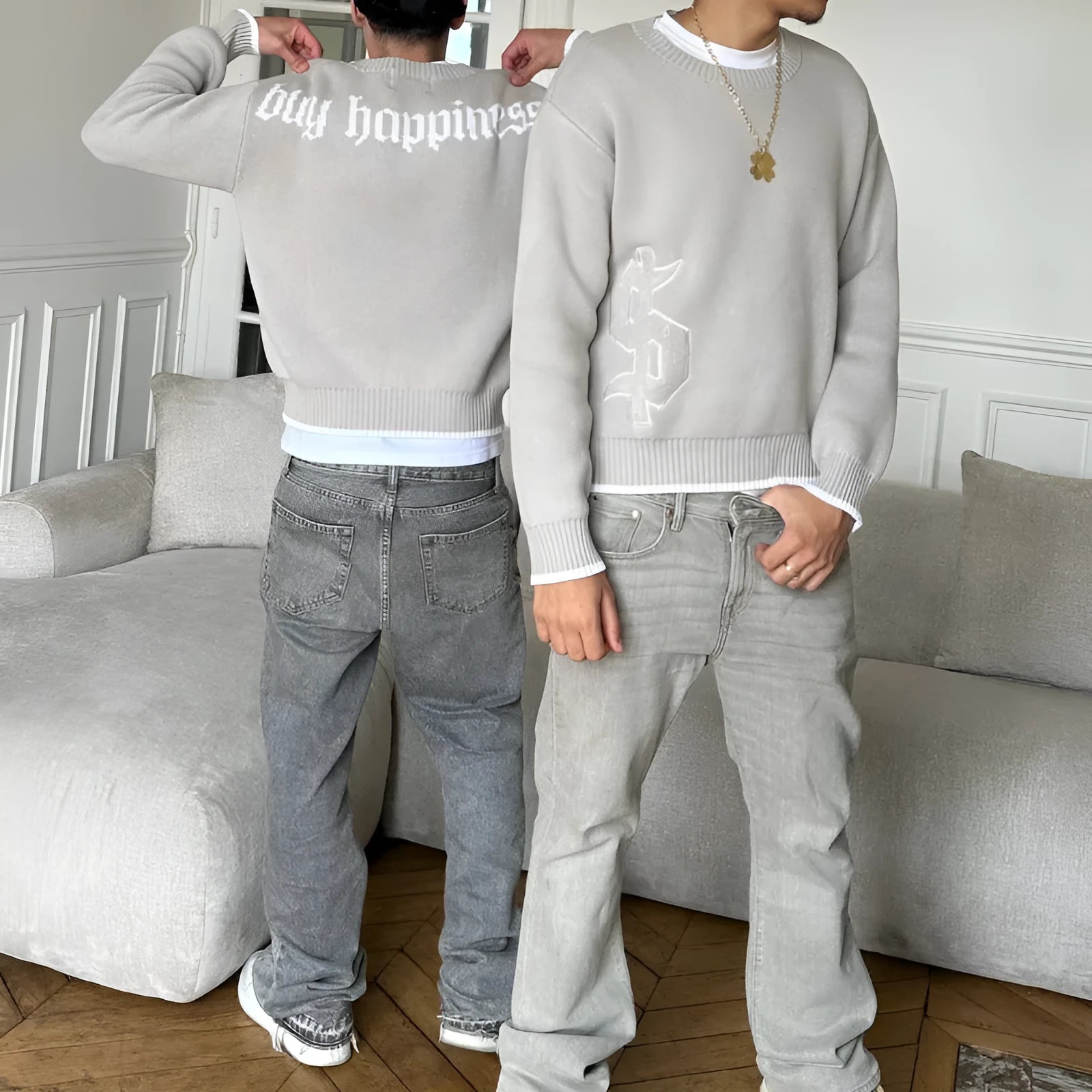 Grey loose-fitting jacquard knitwear coat with long sleeves