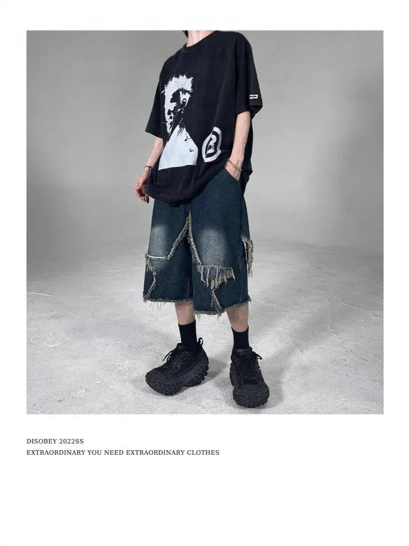 Blue retro denim shorts with frayed hem and five-pointed star design, loose fit for summer