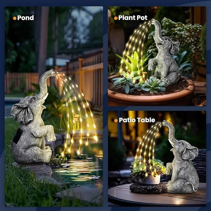 Grey resin elephant garden sculpture with built-in LED light strip for outdoor decoration