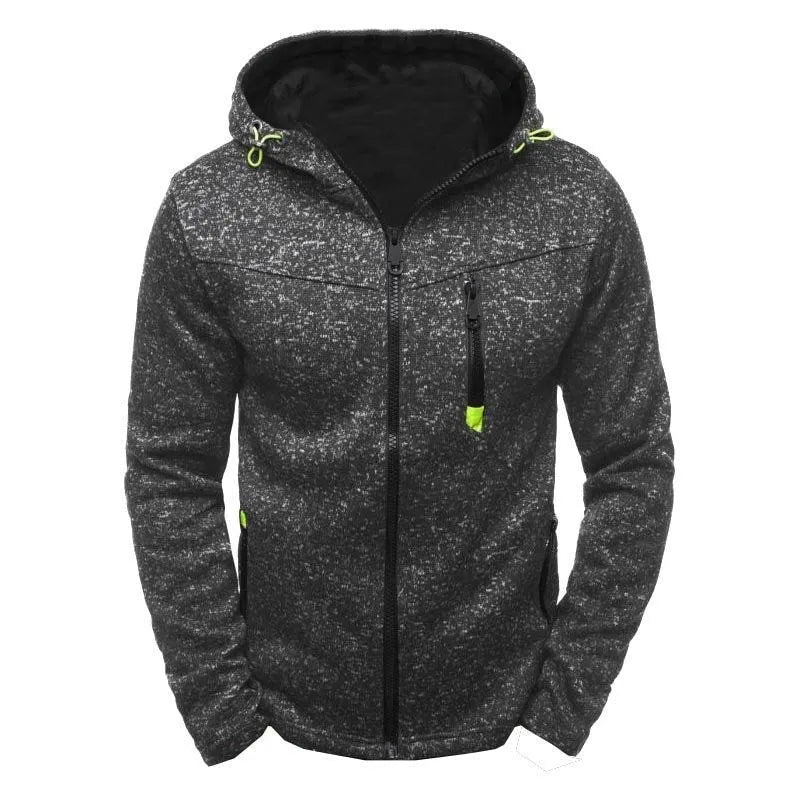 Men's grey zip-up hoodie with hood, O-neck collar, full sleeves, cotton polyester blend, casual sweatshirt
