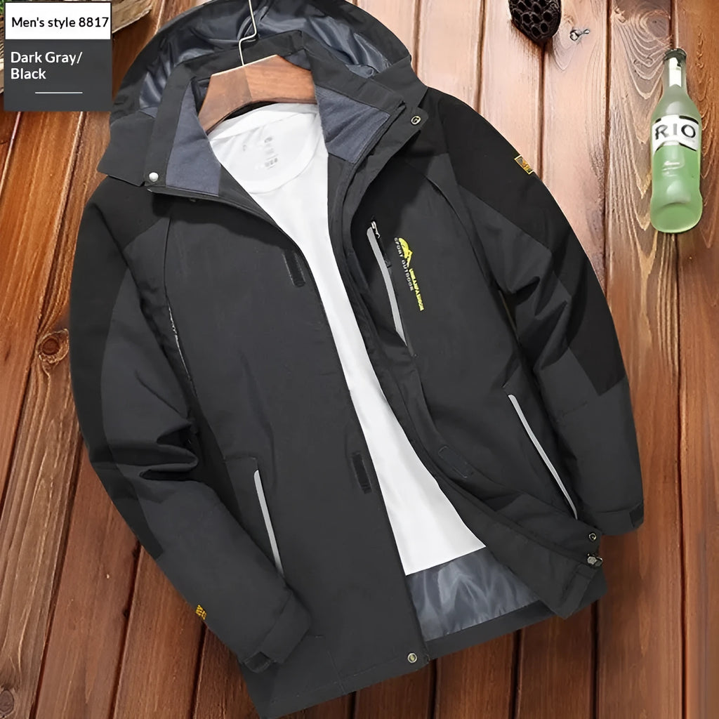 Men's windproof waterproof outdoor windbreaker jacket in grey solid colour polyester fibre for hiking and camping