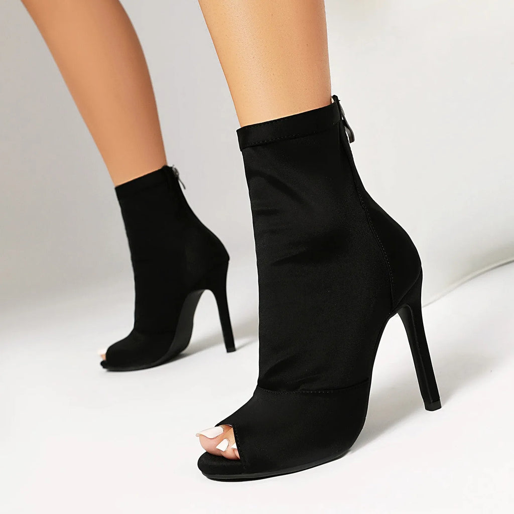 Women's fish mouth stiletto boots with rubber sole and superfine fibre inner, black khaki or rose, 7 cm 9 cm 11 cm heel