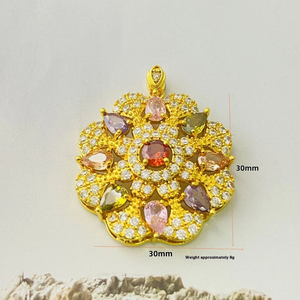 Close-up of a women's floral-shaped zircon pendant necklace in a gold electroplated finish, shown with a delicate chain.