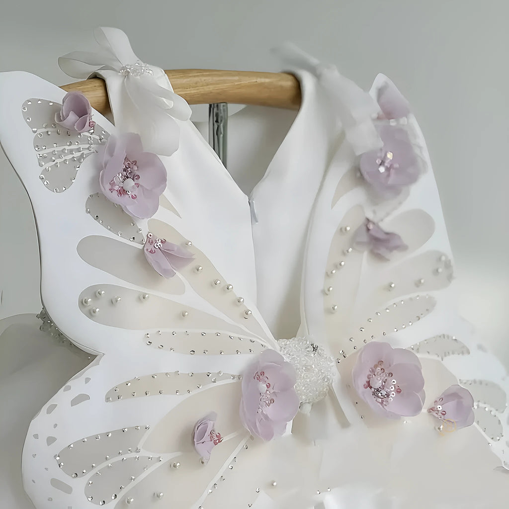 White girls pettiskirt dress with butterfly wings, polyester outer and cotton lining, sizes 80cm to 140cm