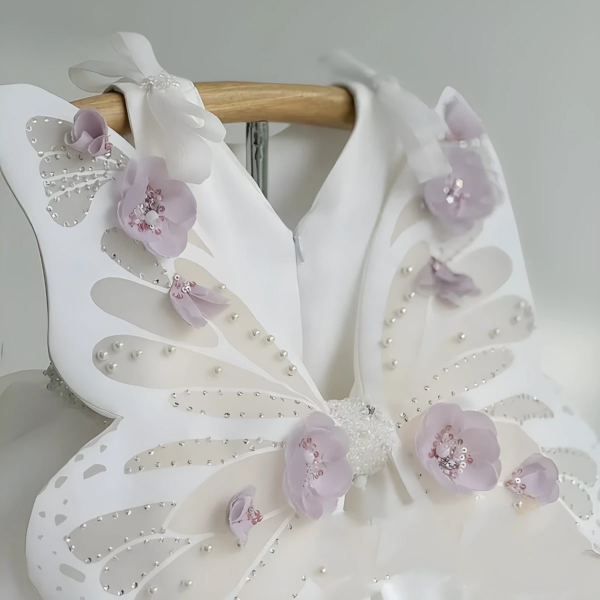 White girls pettiskirt dress with butterfly wings, polyester outer and cotton lining, sizes 80cm to 140cm