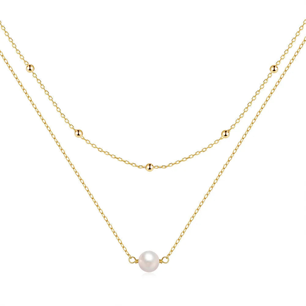 S925 sterling silver double-layer necklace for women with twin pearls on a ball bead chain in gold colour.