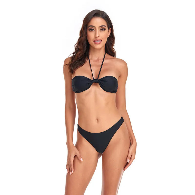 Black polyester women's bikini set with lace-up tube top and matching split briefs