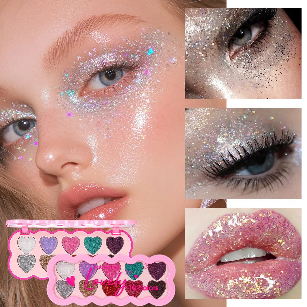 Ten-colour eye shadow palette with pearlescent heart and sequins finishes in a compact.