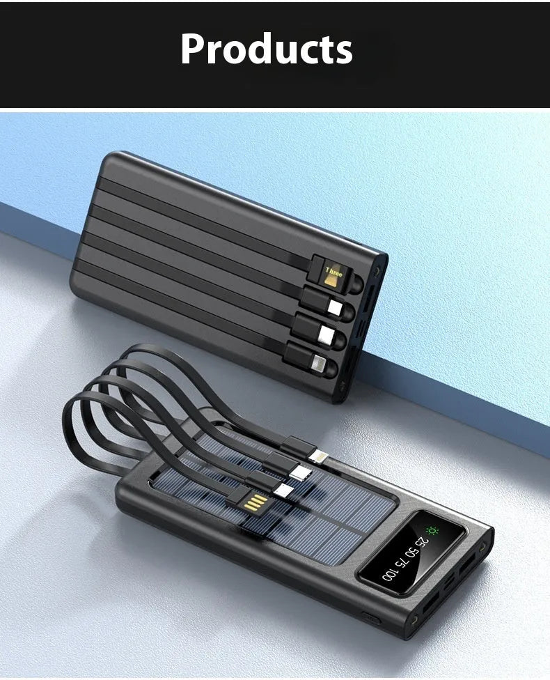 Solar power bank with cable showing 20000mAh capacity and compact plastic design