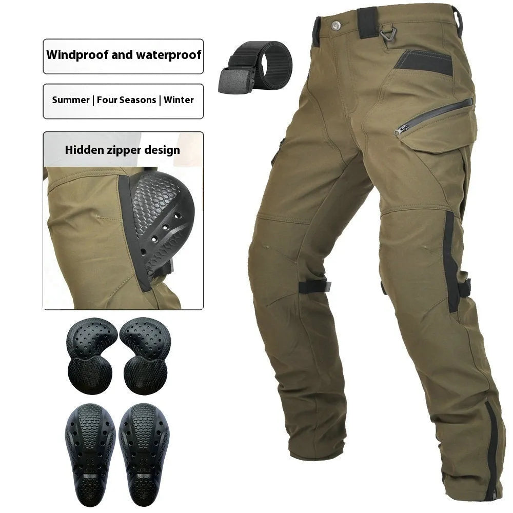 Motorcycle waterproof cycling trousers with belt and protective gear in black or green colour options