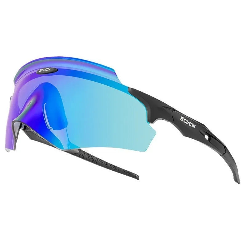 Frameless windproof sports glasses with a bold, single colourful integrated lens.