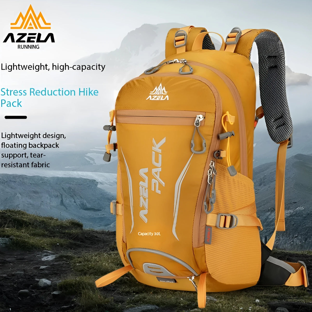 AZELA 30L orange hiking backpack with multiple compartments for trekking, camping and travel