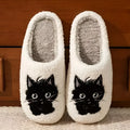 White plush slippers with Black Beard cartoon cat couple pattern and non-slip sole.
