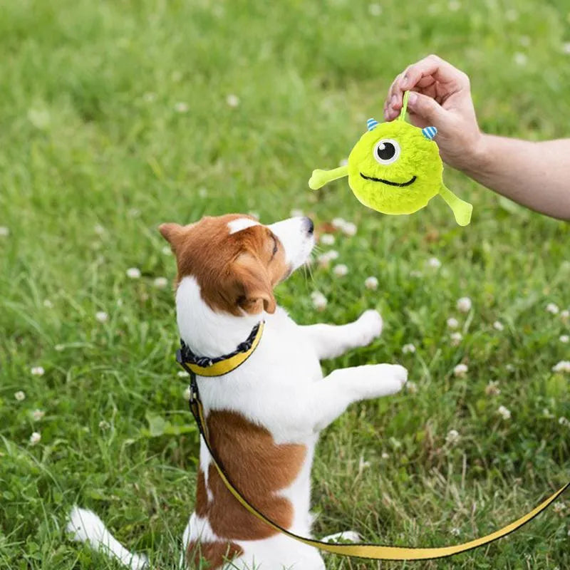 Green sound-activated dog teething toy ball with soft plush exterior for puppy gum massage