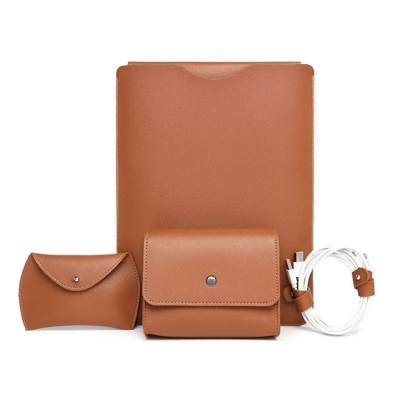 Four-piece set of brown, grey, apricot, and light pink leather-look laptop covers with lock edge design