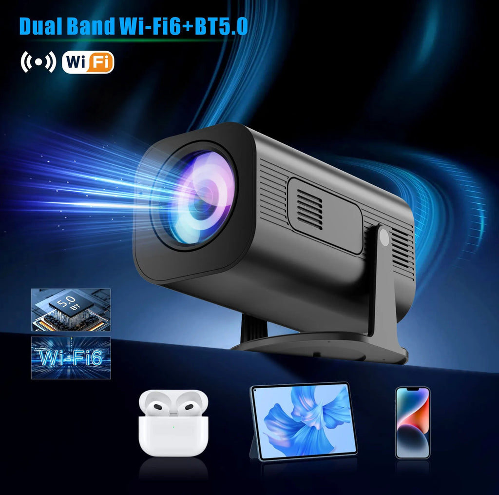 Black P330 portable mini projector with remote control on white background