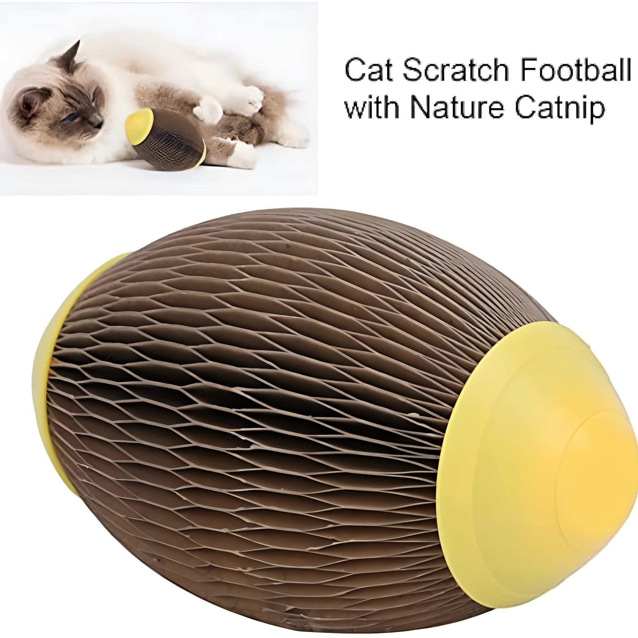 Ellipse-shaped corrugated paper catnip ball toy with scratch surface for cats.