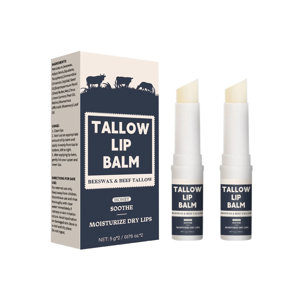 Two pieces of light grain soft beef fat lip balm for universal dry skin care