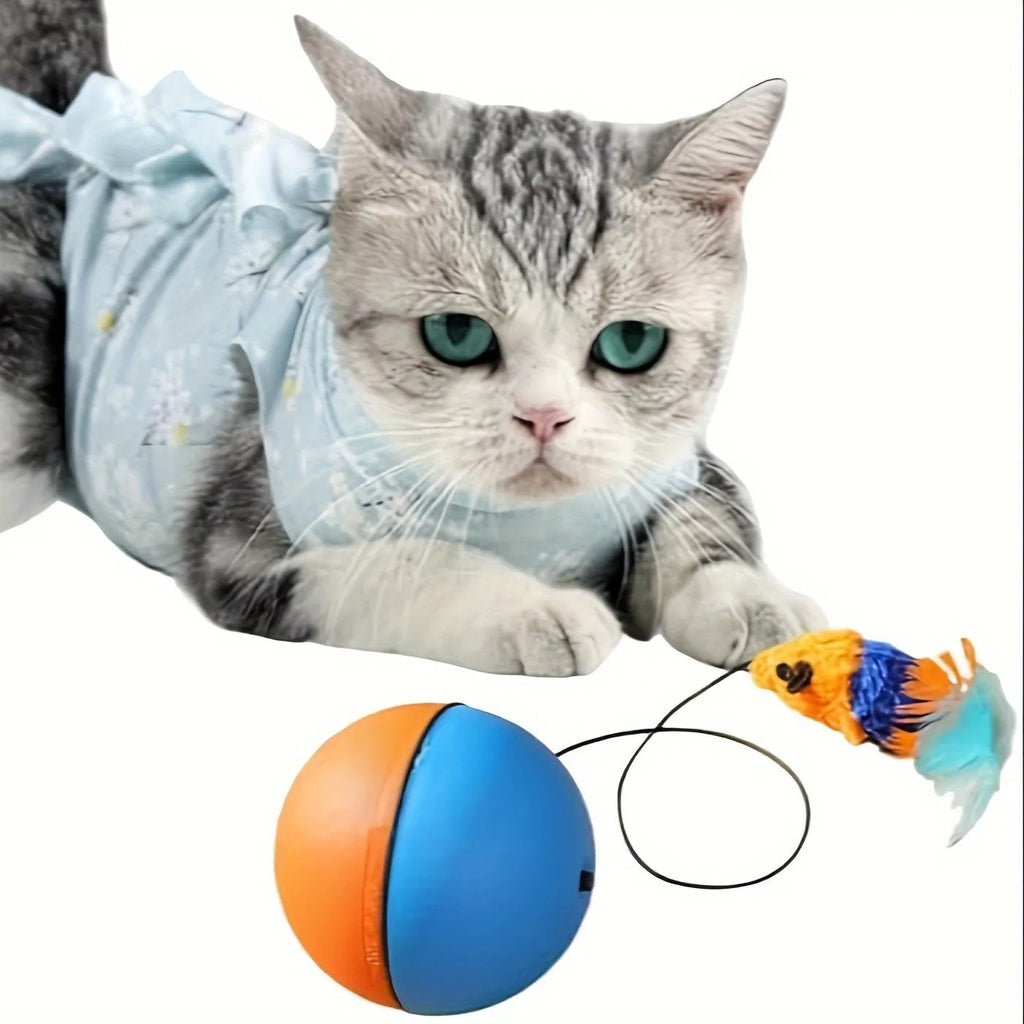 Interactive grey and orange cat toy ball plush mouse measuring 8.5 x 8.5 x 9 cm