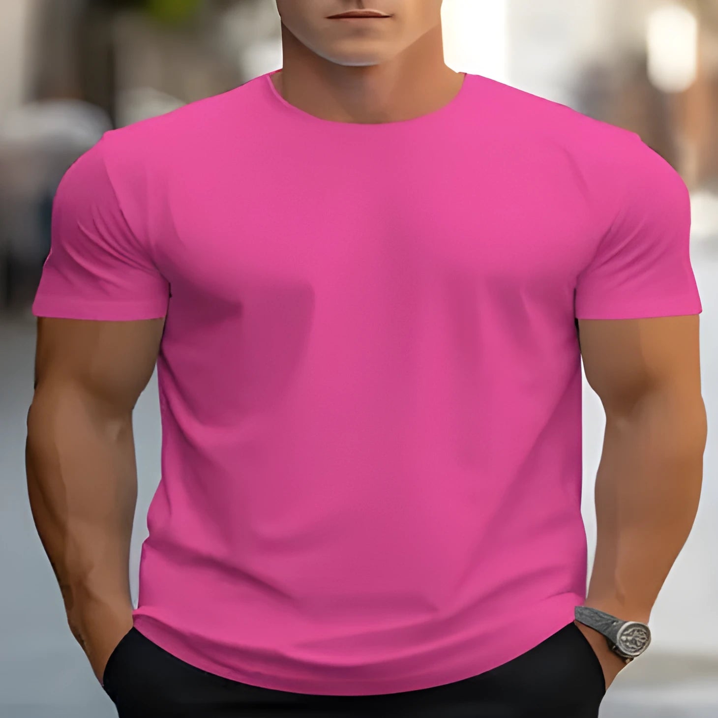 Men's loose fit printed T-shirt with round neck and short sleeves in bird eye cloth polyester fabric