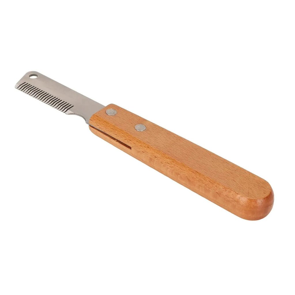 Pet stripping comb grooming tool with wood handle and metal teeth for dogs and cats.