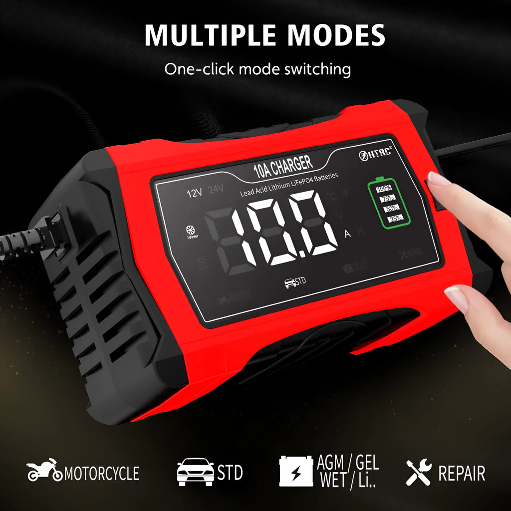 Fiberglass car motorcycle storage battery charger in red and black with EU power supply and blue full-charge indicator