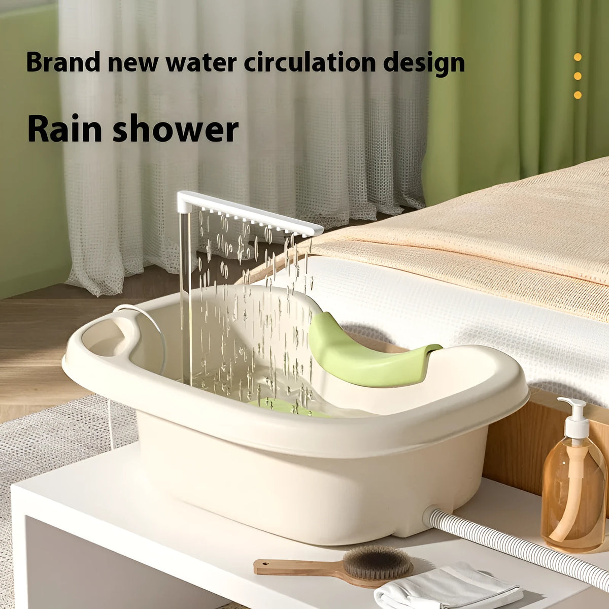 Beige and light pink plastic shampoo basin set for bed use with pump, pillow, and brush.