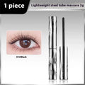 Black and brown waterproof steel tube mascara with optional eyelash curler.
