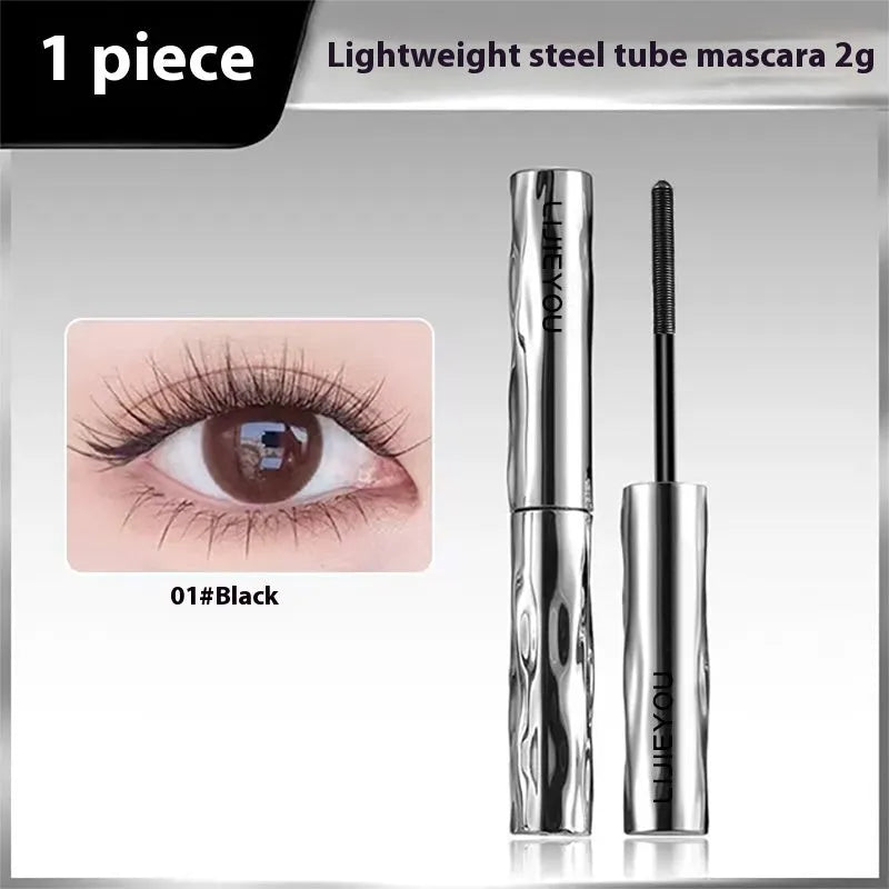 Black and brown waterproof steel tube mascara with optional eyelash curler.