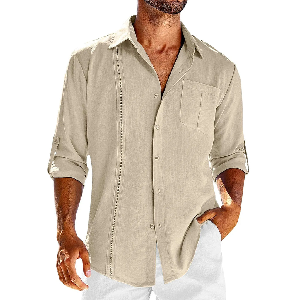 Men's gray casual long sleeve button-up shirt with a polo collar and chest pocket.