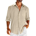Men's gray casual long sleeve button-up shirt with a polo collar and chest pocket.