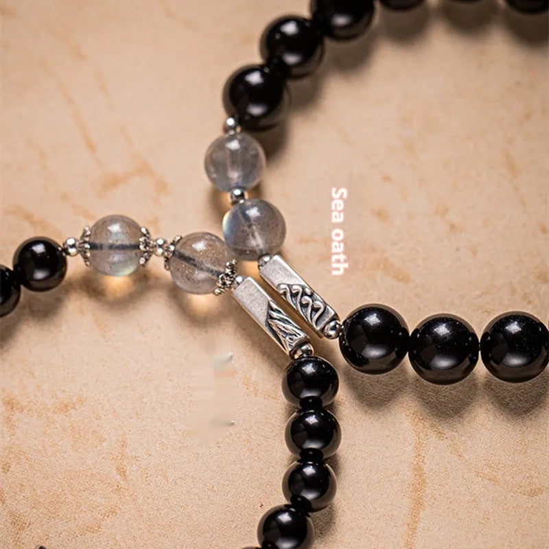 Obsidian Buddha beads couple bracelet DIY set with 8mm and 10mm national style gemstone beads