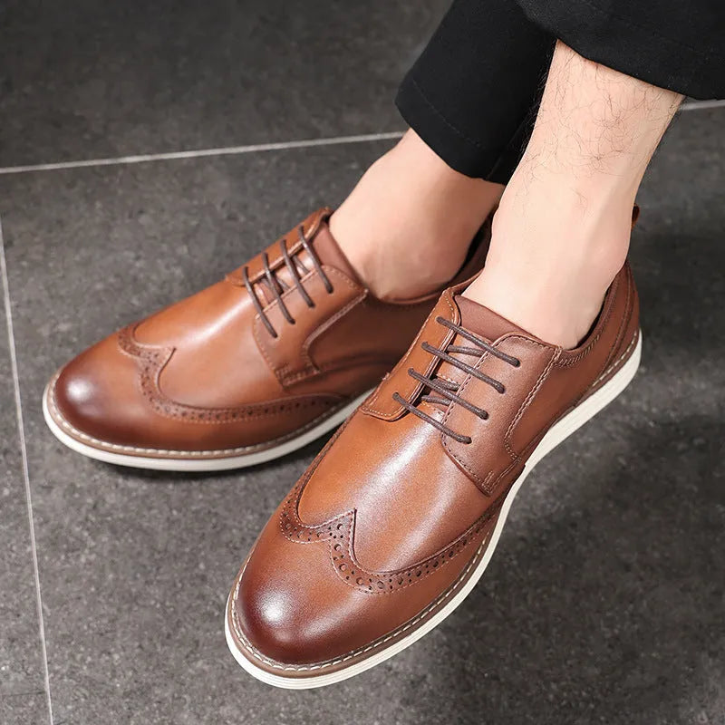 Men's black and brown slip-on business casual shoes with round toe and low-top design