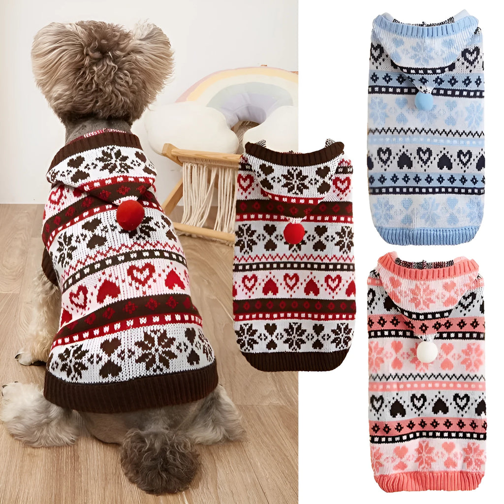 Small dog wearing snowflake love striped camouflage pattern acrylic knitted sweater