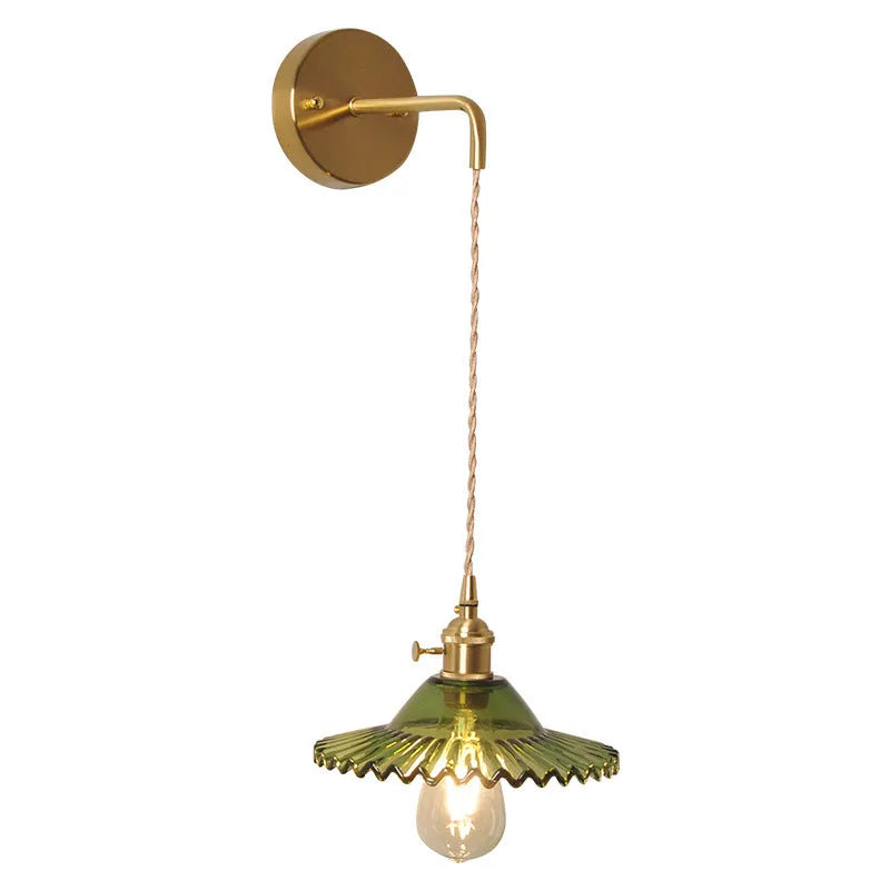 Retro brass bedside lotus wall lamp with glass shade in one of six colours
