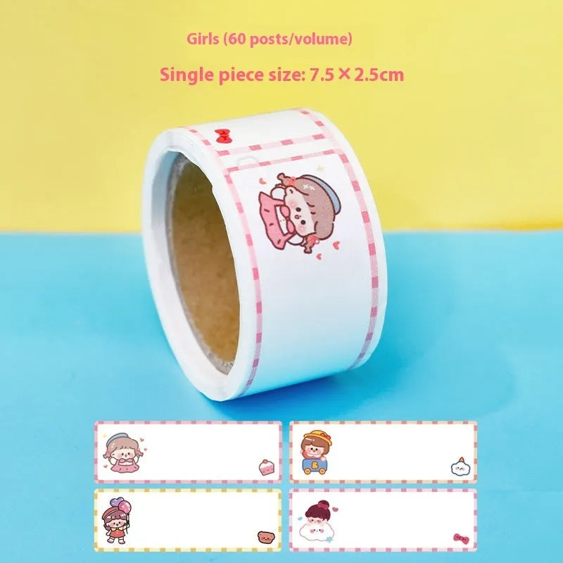 Roll of colourful cartoon stickers showing Dinosaur, Astronaut, Rabbit, and Girl design options