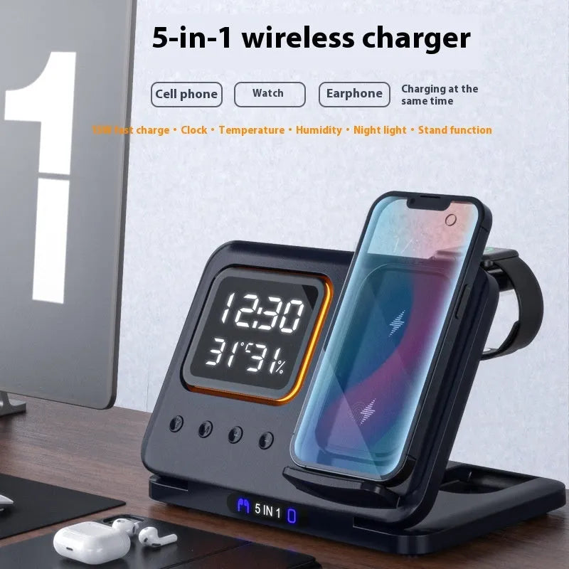 Black and white 15W wireless charging stand with LED digital display showing time, humidity and temperature readings