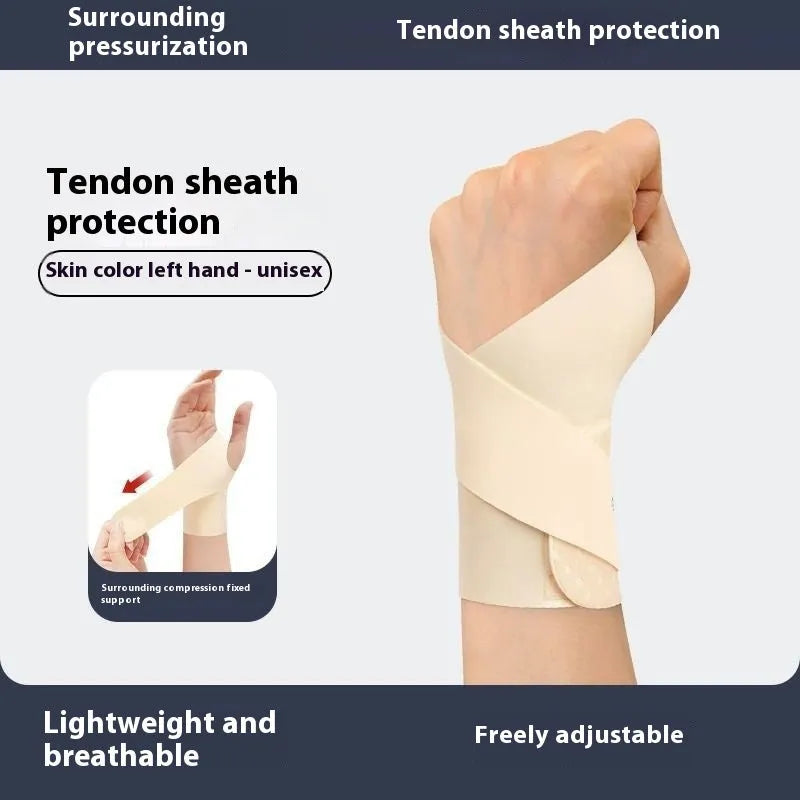 Adjustable black athletic wristguard worn on a wrist, suitable for badminton, tennis, and volleyball.