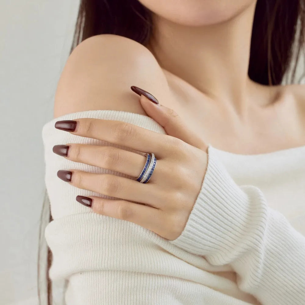 Rotary decompression S925 sterling silver diamond inlaid ring for women, geometric shape, blue colour option