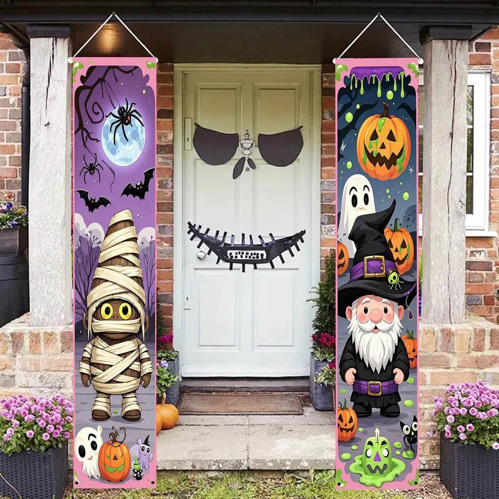 Pair of polyester Halloween couplet hanging flags measuring 30 by 180 centimetres for spooky decorations