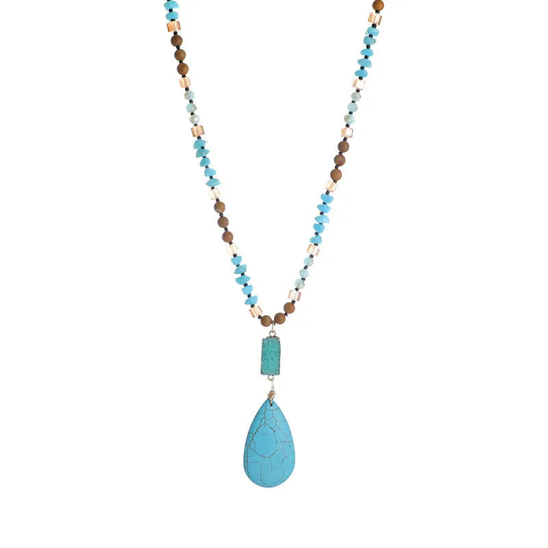 Blue turquoise water drop pendant necklace with ball bead chain over 81cm length